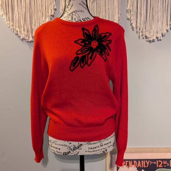 Vintage Sweaters - Vintage Women's Red Floral Embroidered D'Allairds Sweater Size Small